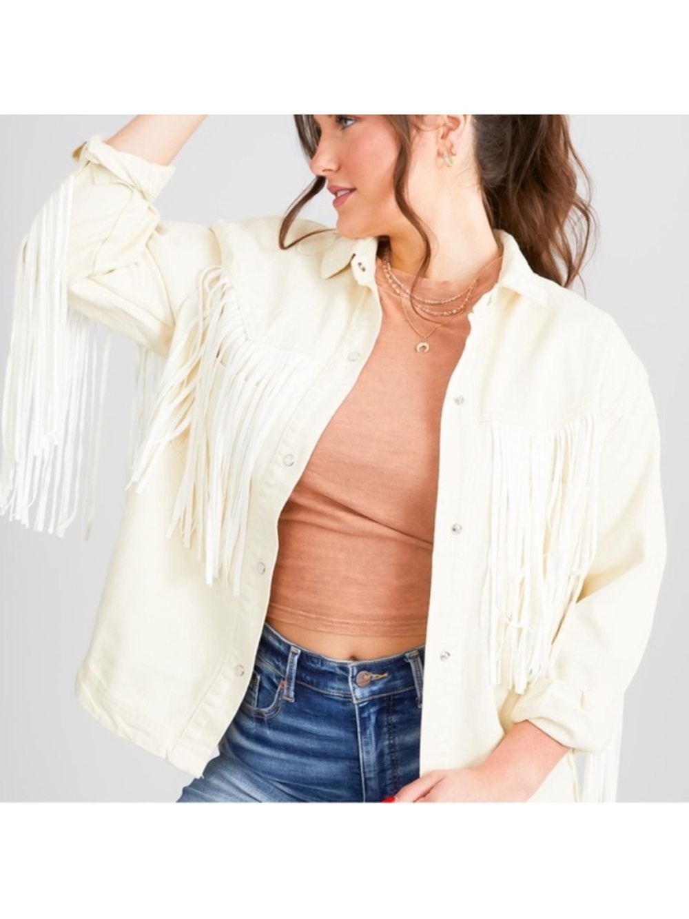 NWT Saint &Hearts deniem cream colored button up long sleeve with fringe . Sz S